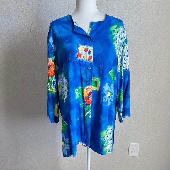 Jams World Vintage Blue Floral Hydrangea Button Down Shirt Women's XL Relaxed - Picture 1 of 8